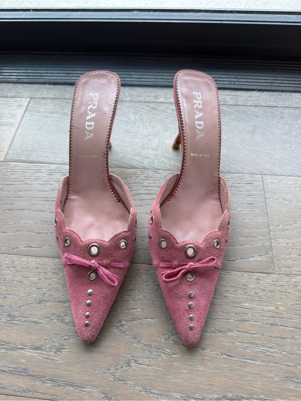 Prada Pink Suede Pointed-Toe Mule with Grommet & Bow Detail